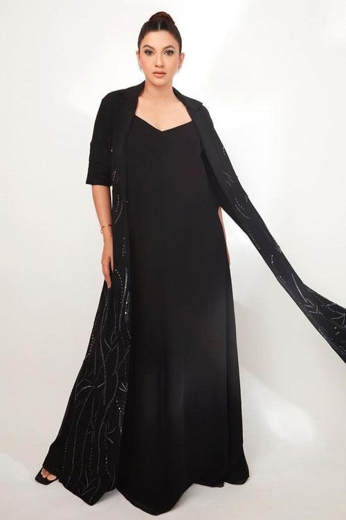 Gauahar Khan In Our Black Long Coat And Slip Gown Set