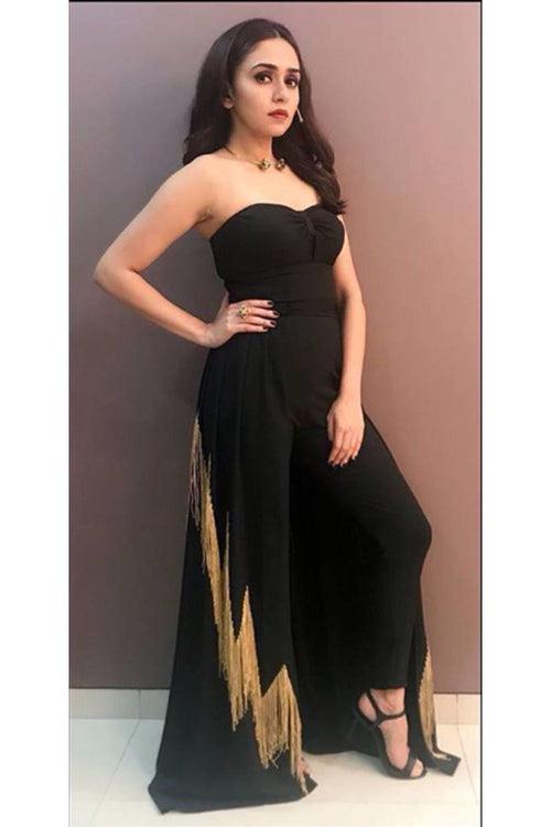 Amruta Khanvilkar In Our Jumpsuit Gown With Detachable Skirt And Hand Embroidered Gold Chevron Pattern Fringes