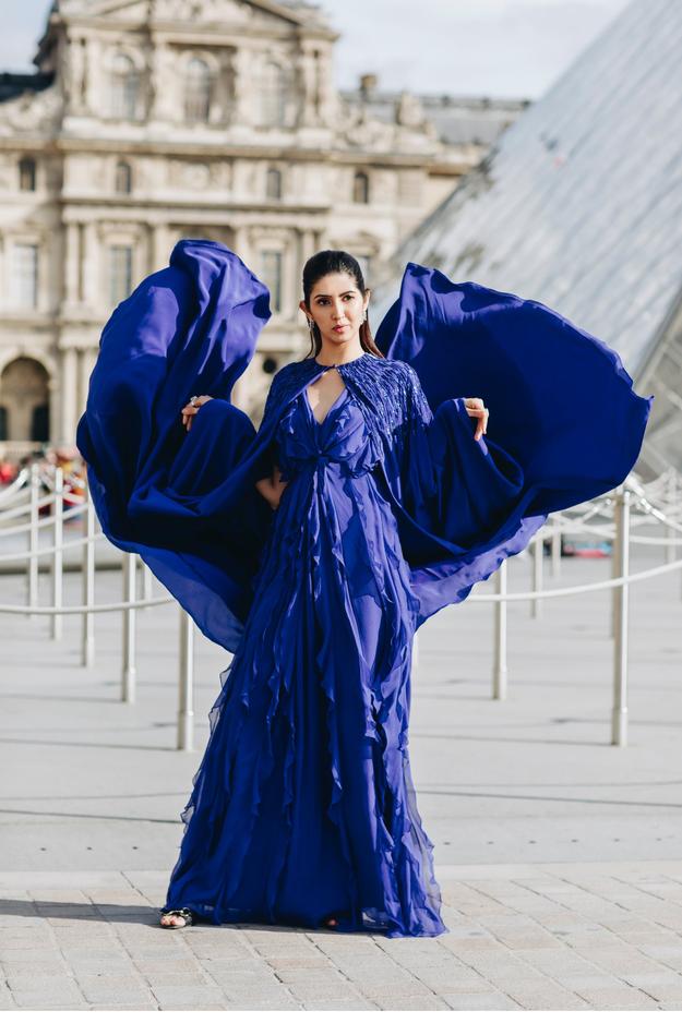 Blue Ruffled Long Gown With Cape Set