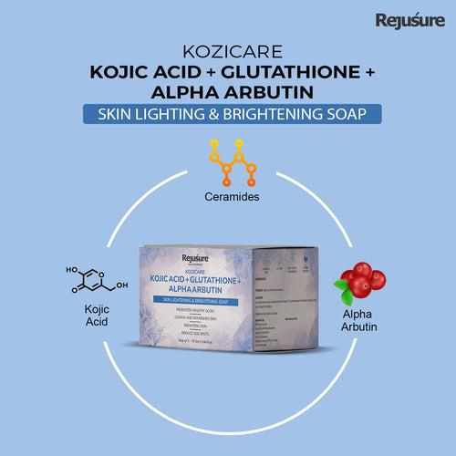 Rejusure Kojic Acid + Glutathione + Alpha Arbutin Soap | Solid Soap Bars | Skin Brightening | Includes Soap Box | 75g Each | Mixed Colour | Suitable for All Skin Types | Pack of 3