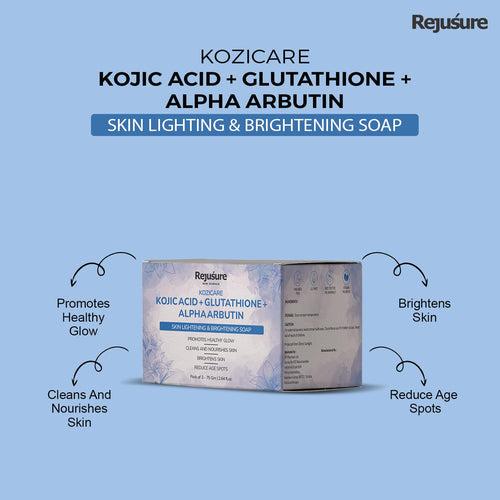 Rejusure Kojic Acid + Glutathione + Alpha Arbutin Soap | Solid Soap Bars | Skin Brightening | Includes Soap Box | 75g Each | Mixed Colour | Suitable for All Skin Types | Pack of 3