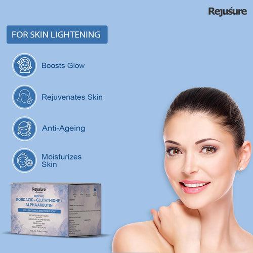 Rejusure Kojic Acid + Glutathione + Alpha Arbutin Soap | Solid Soap Bars | Skin Brightening | Includes Soap Box | 75g Each | Mixed Colour | Suitable for All Skin Types | Pack of 3