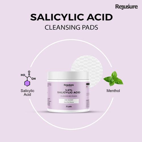 Rejusure 1.4% Salicylic Acid Cleansing Pads with Salicylic Acid & Menthol - Acne Treatment & Deep Pore Cleaning | Reduce Blackheads & Excess Oil | Acne Prone & Oily Skin | Women & Men | - 25 Pads