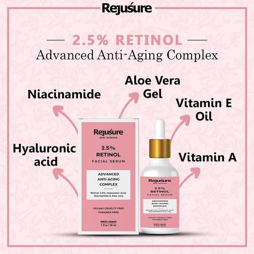 Rejusure 2.5% Retinol Anti-Aging Face Serum for Wrinkles & Fine Lines Boost Collagen & Restoration - 30 ml (Pack of 2)