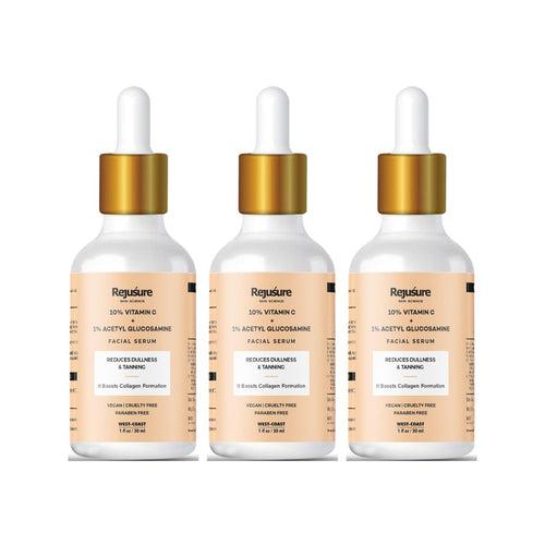 Rejusure 10% Vitamin C + 1% Acetyl Glucosamine Facial Serum to Boots Collagen Production & Protects from Environmental Stress– 30ml (Pack of 3)