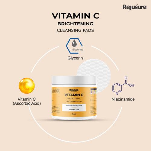 Rejusure Vitamin C Brightening Cleansing Pads Improve Skin Texture & Boost for Face | Enrich with Vitamin C and Niacinamide | Women & Men | Cruelty Free & Dermatologist Tested - 25 Pads