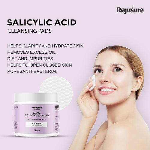 Rejusure 1.4% Salicylic Acid Cleansing Pads with Salicylic Acid & Menthol - Acne Treatment & Deep Pore Cleaning | Reduce Blackheads & Excess Oil | Acne Prone & Oily Skin | Women & Men | - 25 Pads