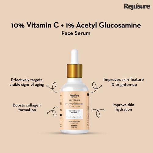 Rejusure 10% Vitamin C + 1% Acetyl Glucosamine Facial Serum to Boots Collagen Production & Protects from Environmental Stress– 30ml (Pack of 3)