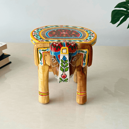 Natural Handpainted Wooden Elephant Stool