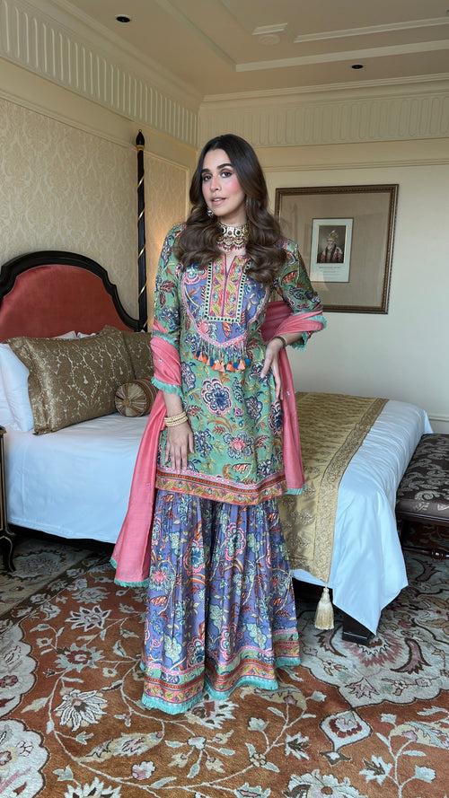 Gulmohar Short Kurta with Gharara and Dupatta