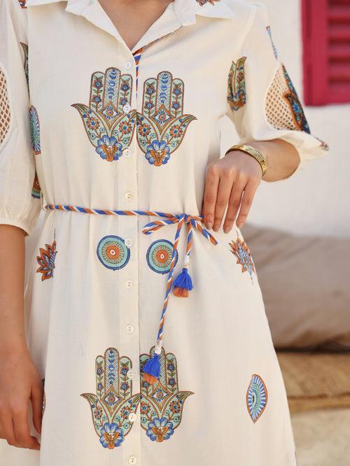 RUST & BLUE HAMZA PRINT LONG DRESS