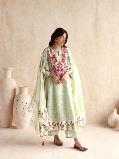 Green Kalidar Kurta with Pant and Dupatta-Set of 3