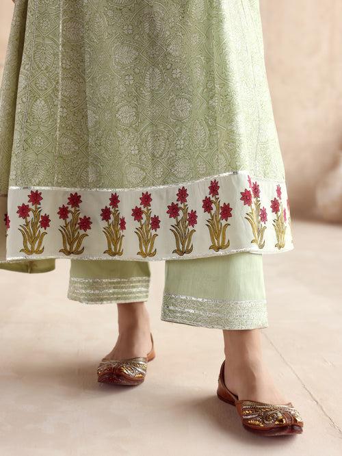 Green Kalidar Kurta with Pant and Dupatta-Set of 3