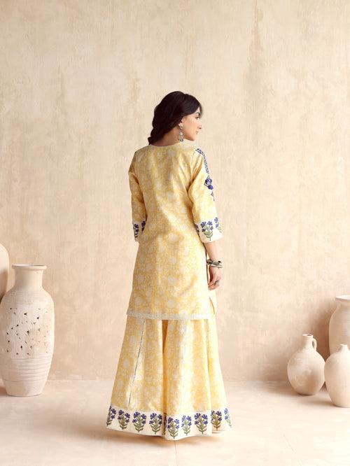 Yellow Straight Short Kurta with Sharara and Dupatta-Set of 3