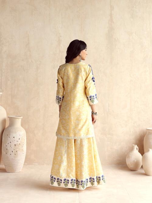 Yellow Straight Short Kurta with Sharara and Dupatta-Set of 3