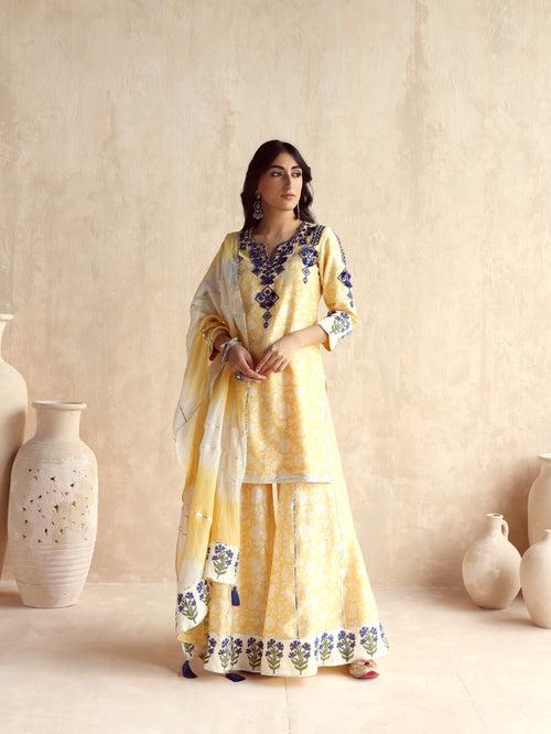 Yellow Straight Short Kurta with Sharara and Dupatta-Set of 3