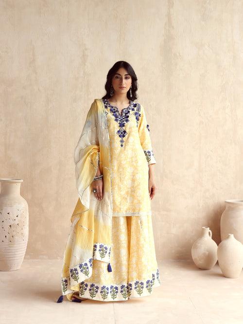 Yellow Straight Short Kurta with Sharara and Dupatta-Set of 3