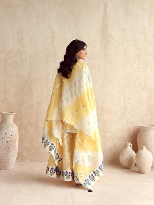 Yellow Straight Short Kurta with Sharara and Dupatta-Set of 3