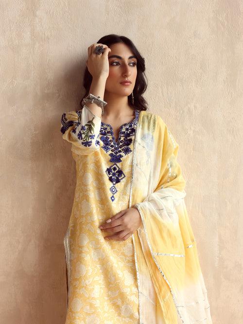 Yellow Straight Short Kurta with Sharara and Dupatta-Set of 3