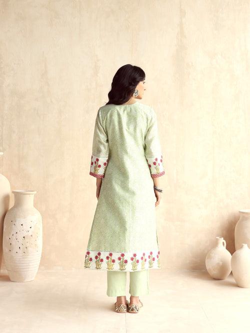 Green Straight Long Kurta with Pant and Dupatta-Set of 3