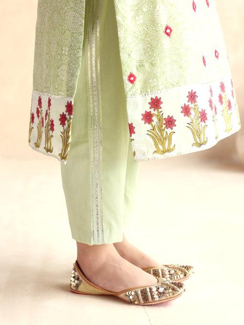 Green Straight Long Kurta with Pant and Dupatta-Set of 3