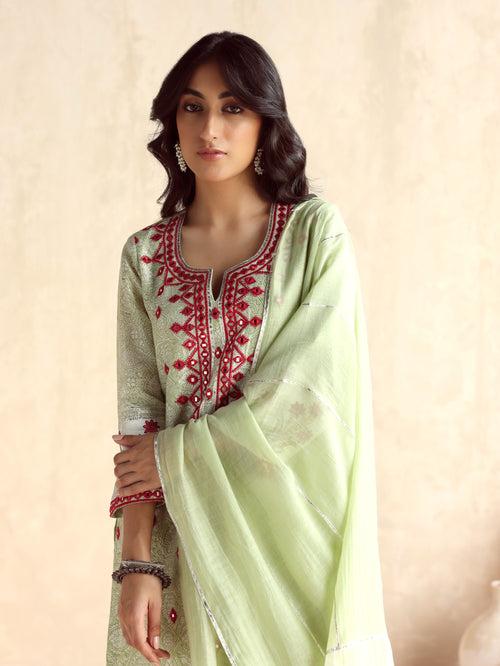 Green Straight Long Kurta with Pant and Dupatta-Set of 3