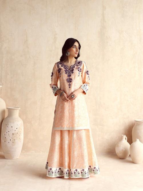 Peach Straight Short Kurta with Sharara and Dupatta- Set of 3