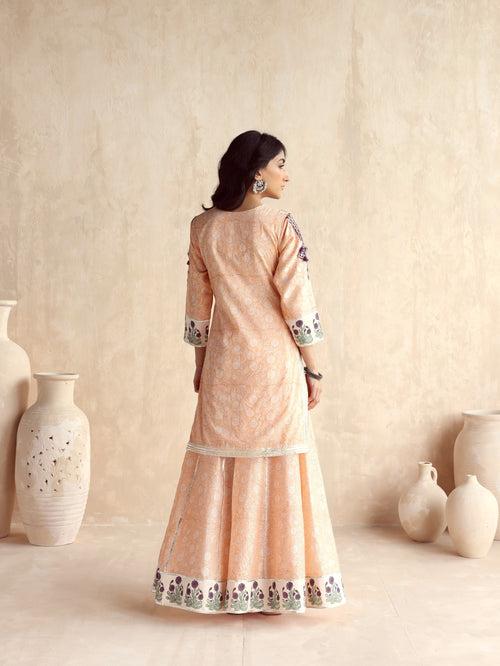 Peach Straight Short Kurta with Sharara and Dupatta- Set of 3