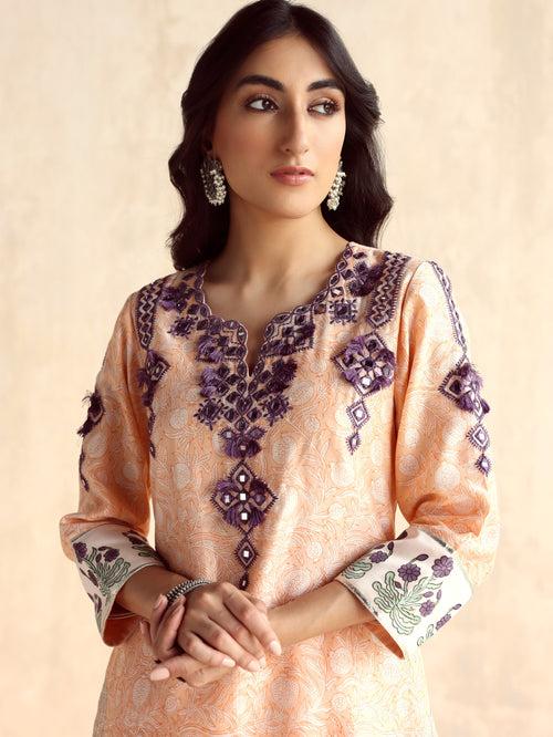 Peach Straight Short Kurta with Sharara and Dupatta- Set of 3