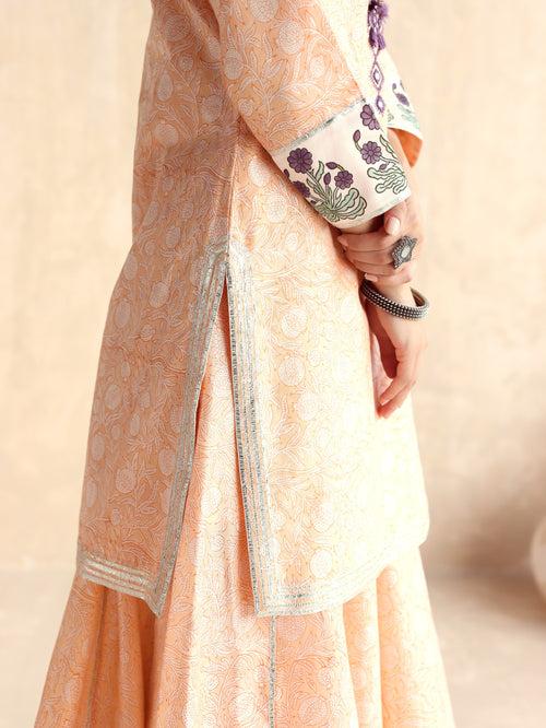 Peach Straight Short Kurta with Sharara and Dupatta- Set of 3