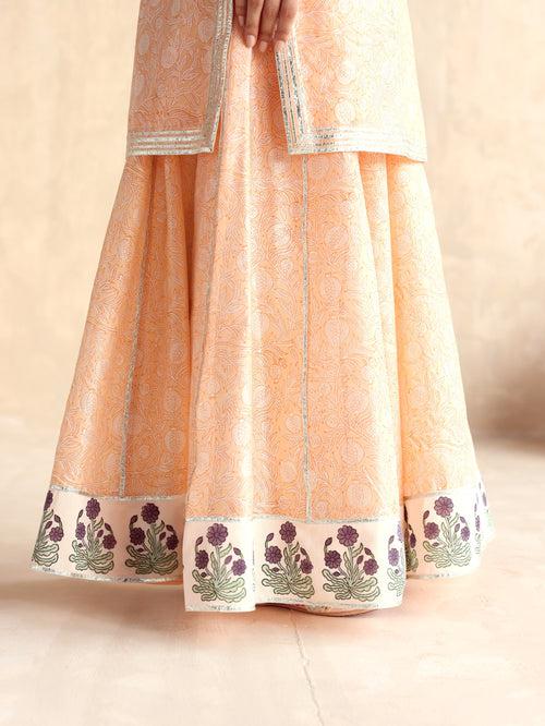 Peach Straight Short Kurta with Sharara and Dupatta- Set of 3