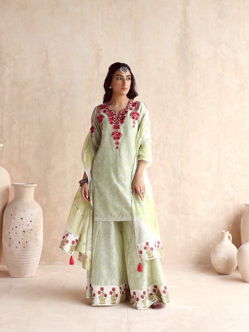 Green Straight Short Kurta with Sharara and Dupatta-Set of 3