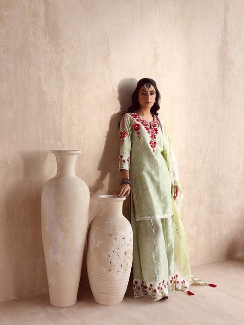 Green Straight Short Kurta with Sharara and Dupatta-Set of 3