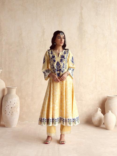 Yellow Kalidar Kurta with Pant and Dupatta-Set of 3