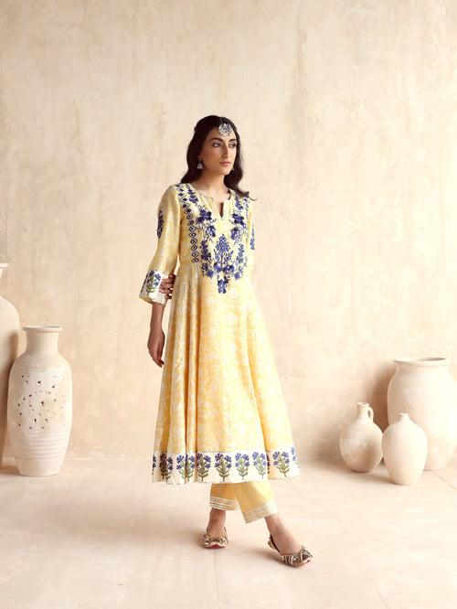 Yellow Kalidar Kurta with Pant and Dupatta-Set of 3