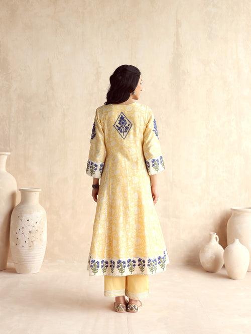 Yellow Kalidar Kurta with Pant and Dupatta-Set of 3