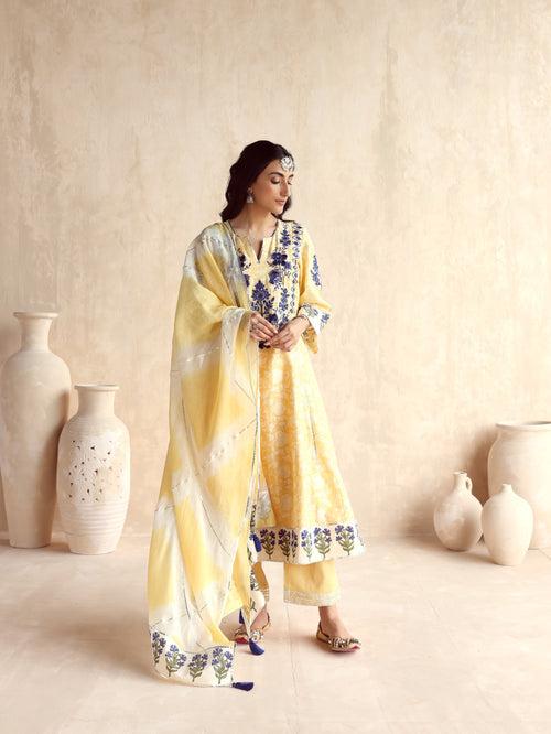 Yellow Kalidar Kurta with Pant and Dupatta-Set of 3