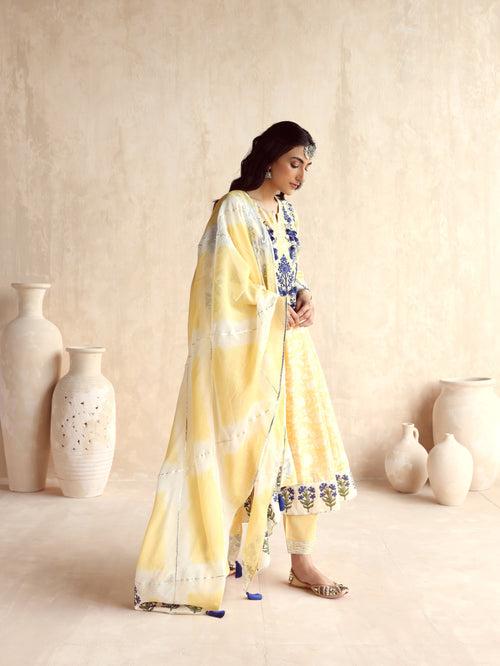 Yellow Kalidar Kurta with Pant and Dupatta-Set of 3