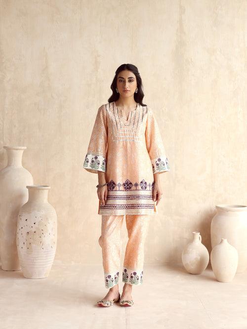 Peach Short Kurta with Pant and Scarf-Set of 3