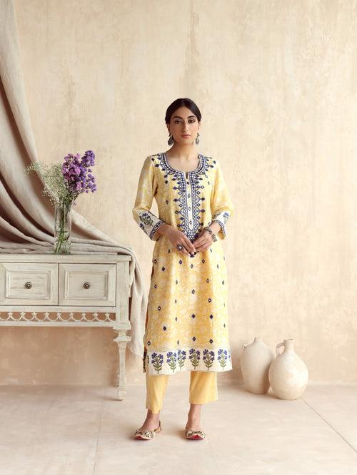 Yellow Straight Long Kurta with Pant and Dupatta-Set of 3