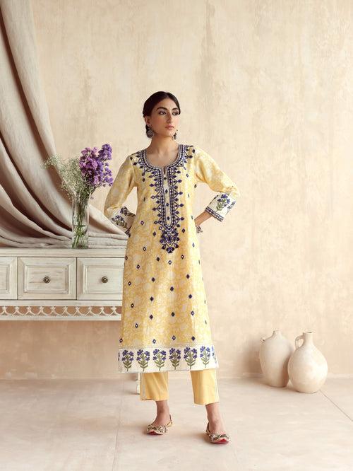 Yellow Straight Long Kurta with Pant and Dupatta-Set of 3