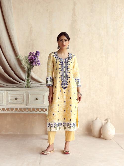 Yellow Straight Long Kurta with Pant and Dupatta-Set of 3