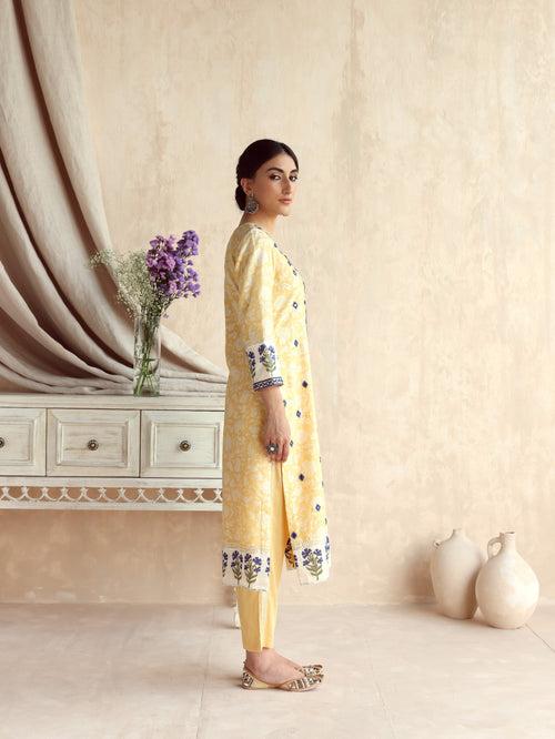 Yellow Straight Long Kurta with Pant and Dupatta-Set of 3