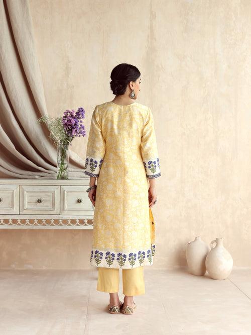 Yellow Straight Long Kurta with Pant and Dupatta-Set of 3