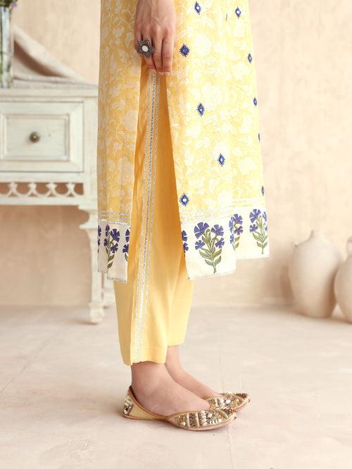 Yellow Straight Long Kurta with Pant and Dupatta-Set of 3