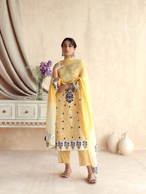 Yellow Straight Long Kurta with Pant and Dupatta-Set of 3