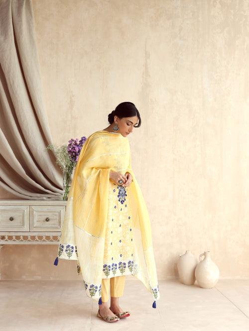 Yellow Straight Long Kurta with Pant and Dupatta-Set of 3