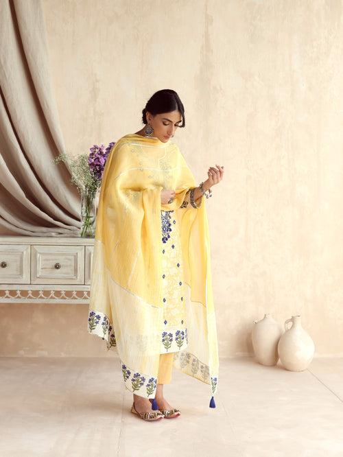 Yellow Straight Long Kurta with Pant and Dupatta-Set of 3