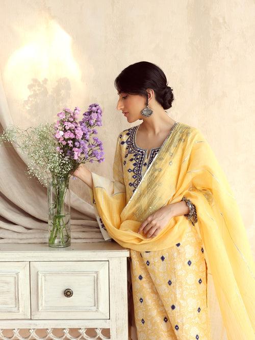 Yellow Straight Long Kurta with Pant and Dupatta-Set of 3