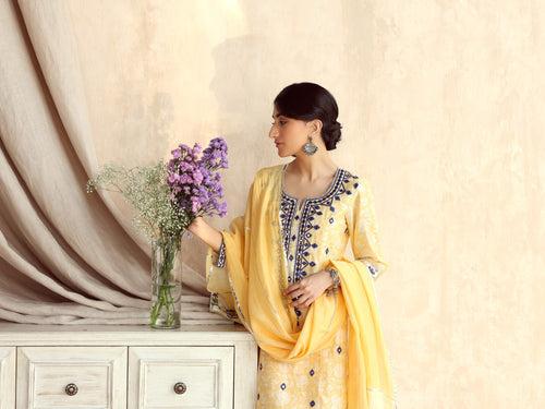 Yellow Straight Long Kurta with Pant and Dupatta-Set of 3